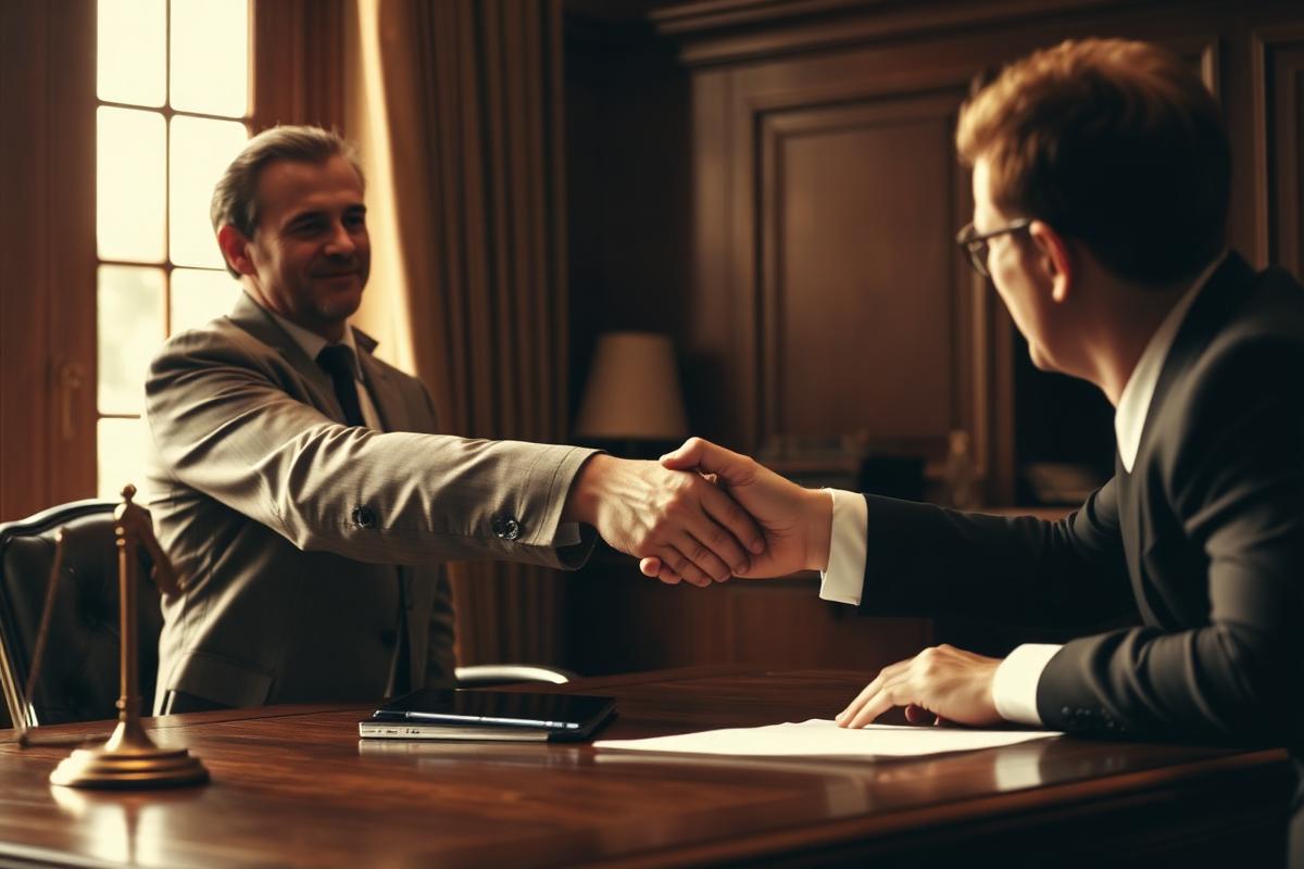 Attorney shaking hands with an injured client across a desk