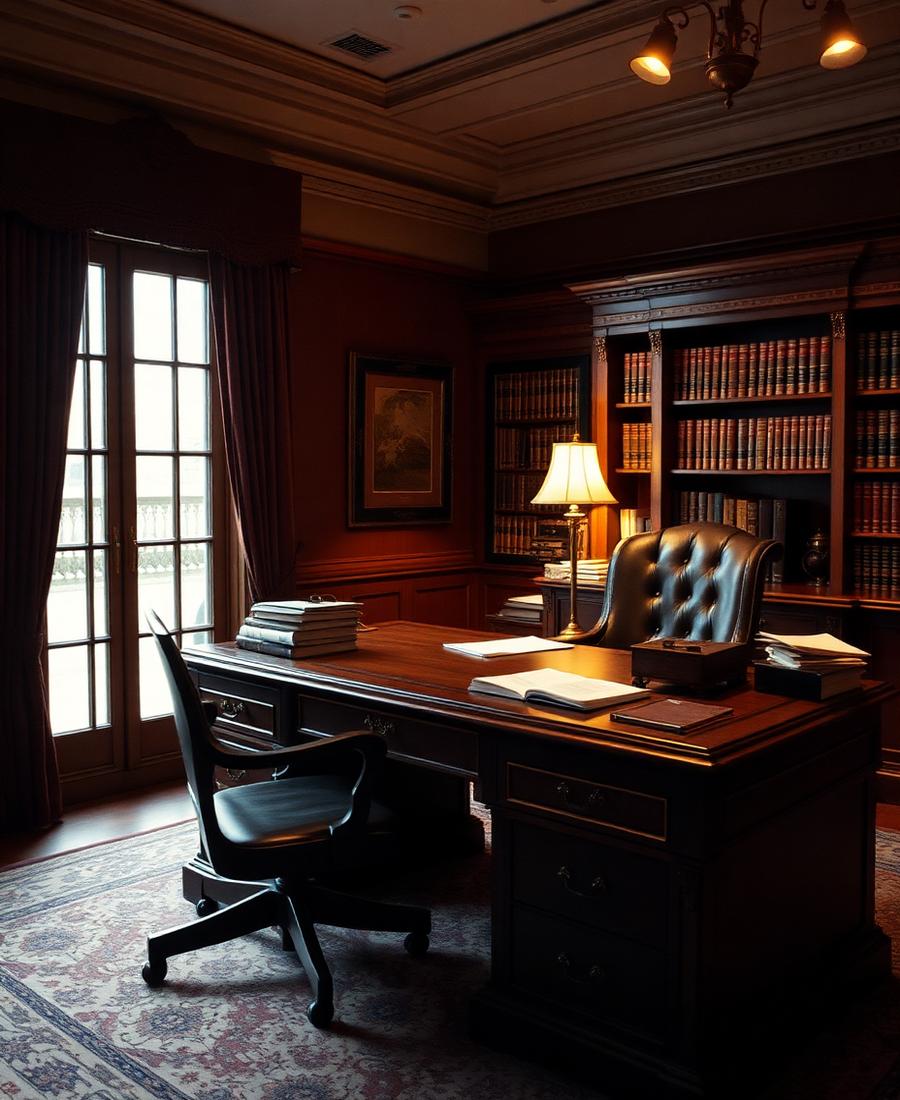 Mahogany law office desk with legal volumes at ARAVANA LAW